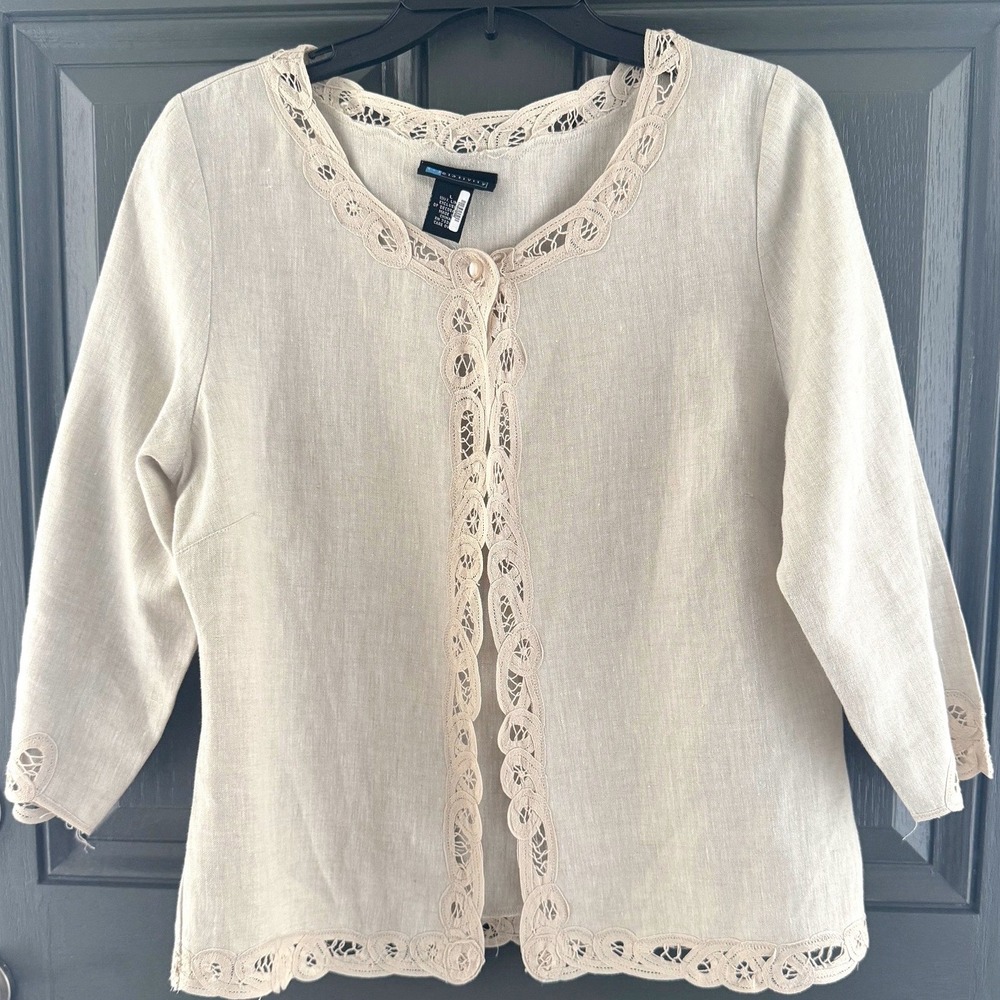 Beige Linen Crochet Lace Trim Cardigan 3/4 Sleeve Cottagecore Chic Size L